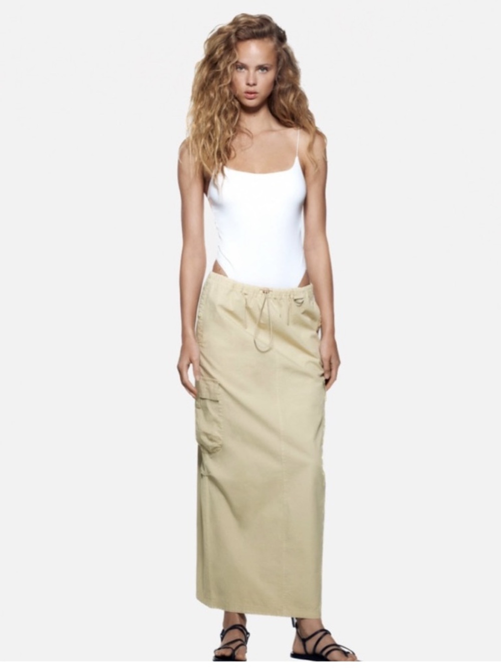 Zara Beige/Tan Drawstring Cargo Maxi Skirt